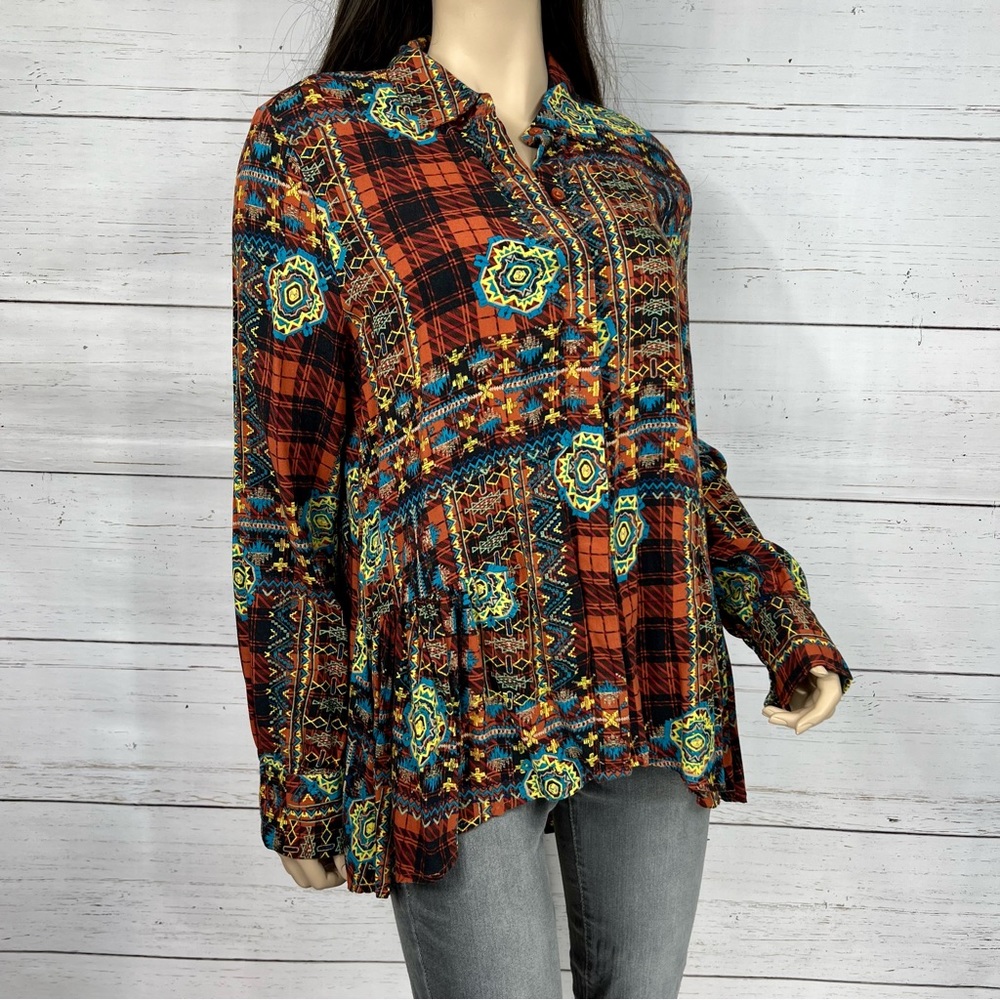 NEW DIRECTIONS 90s Throwback Style Hi-Lo Button-Up Long Sleeve Blouse Size Small